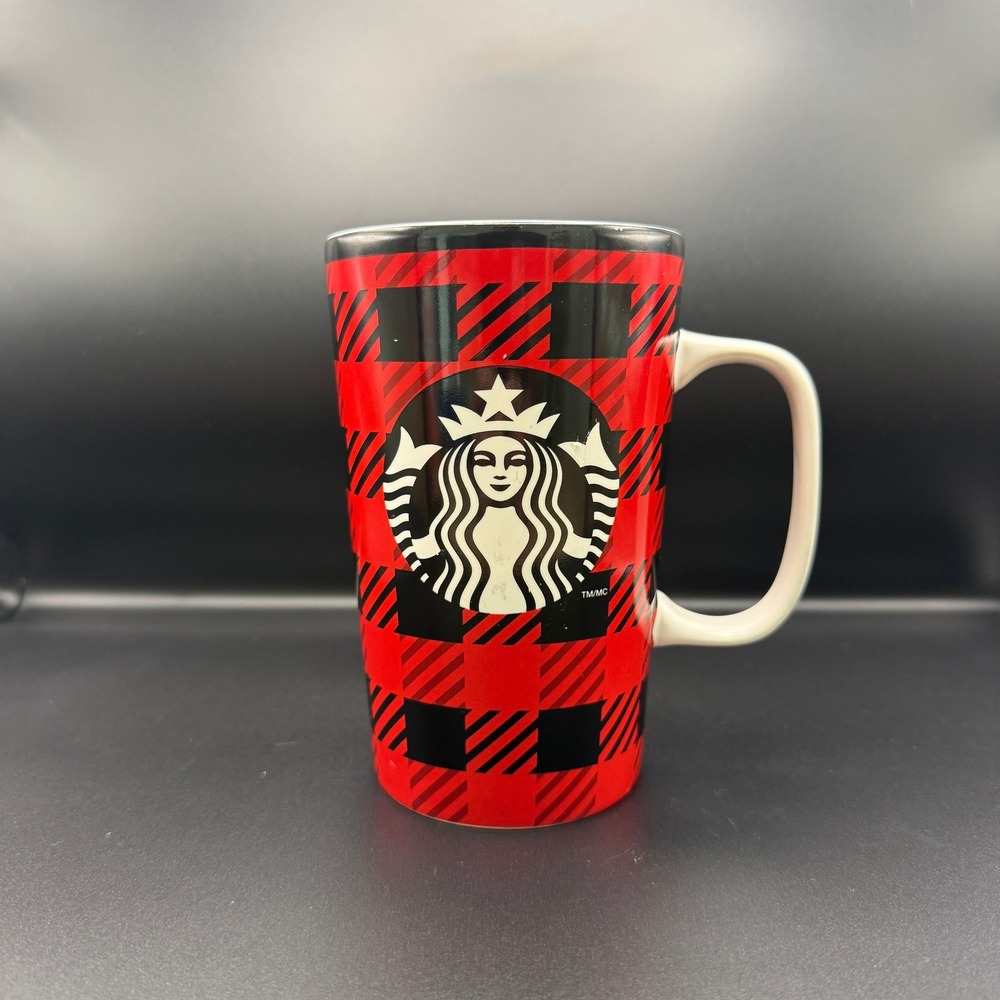 Starbucks Red Black Buffalo Plaid Coffee Mug 16oz 2014 Holiday Siren Logo